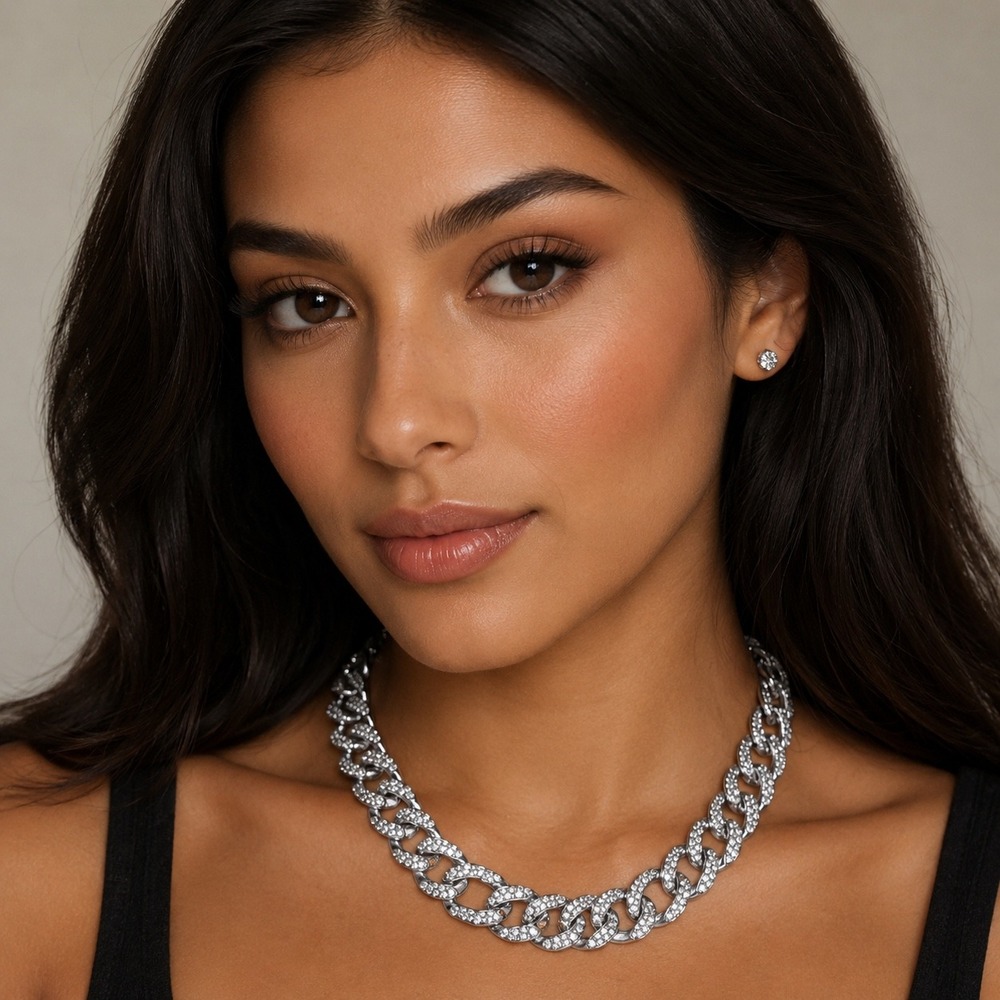 Chunky Costume‎ Cuban Link Necklace Silver Rhinestone Y2K Baddie Glam Chain